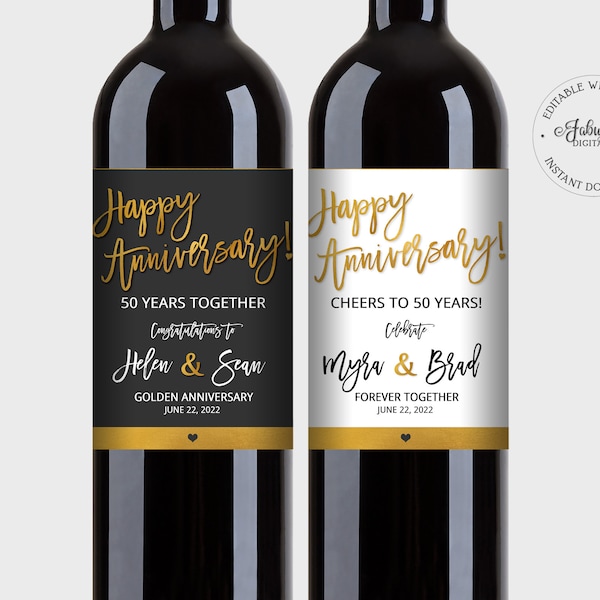 Happy Anniversary Wine Labels, Black-White & Gold Foil Wine Labels - Editable Template, Instant Download - #GFC