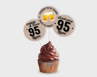 95th Birthday Cupcake Toppers / Party Circle, Cheers & Beers 95th Milestone Birthday - DIY Print, Instant Download