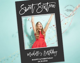 Sweet Sixteen, 16th Birthday Photo Booth Frame / Black & Silver Foil / Editable Template, Instant Download - #SFC