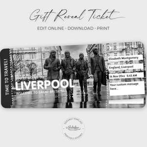 Liverpool-reisticket, Liverpool-instapkaart, aangepast cadeauticket, Beatles-standbeeld / DIY-afdruk, bewerkbare sjabloon