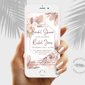 Modern Boho Rose Bridal Shower or Bachelorette Party Evite, Editable Template, Phone Invitation, Instant Download