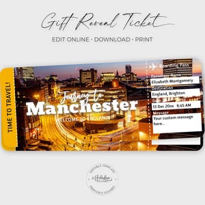 Billet de voyage Manchester, carte d'embarquement Manchester, billet d'avion personnalisé Manchester / impression DIY, modèle modifiable