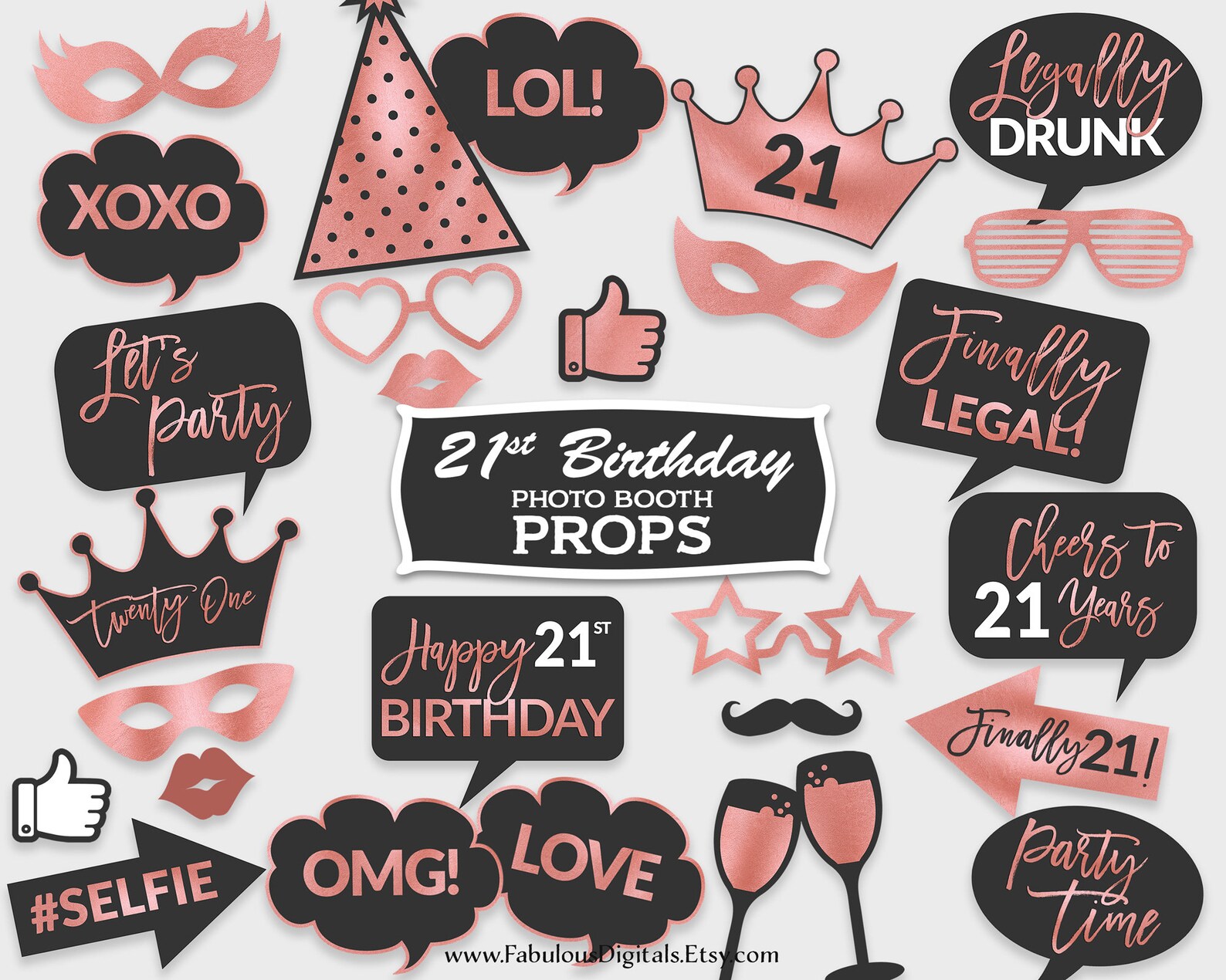 21st Birthday Photo Booth Props / Twenty One Party Props / Black & Rose ...