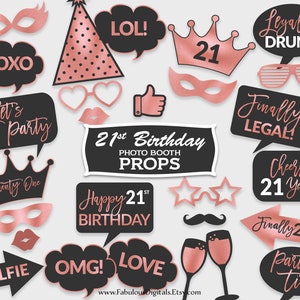 21st Birthday Photo Booth Props / Twenty One Party Props / Black & Rose Foil / Printable PDF, Instant Download - #RFC