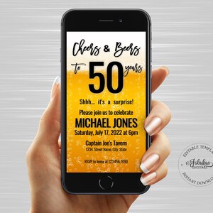 50e verjaardagsuitnodiging, Cheers & Beers Birthday Evite, bewerkbaar leeftijdsnummer, sms-uitnodiging, Instant Download