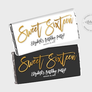 Sweet Sixteen Candy Wrapper, Sweet 16 Chocolate Label - Black-White & Gold Foil - DIY Print, Editable Template - #GFC