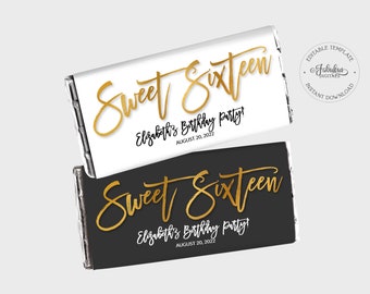 Sweet Sixteen Candy Wrapper, Sweet 16 Chocolate Label - Black-White & Gold Foil - DIY Print, Editable Template - #GFC