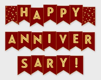 Happy Anniversary Printable Banner, Maroon & Gold - Anniversary Party - Printable PDF, DIY Print, Instant Download - #GWR