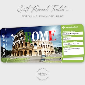 Biglietto di viaggio per Roma, biglietto regalo per il Colosseo di Roma, biglietto aereo personalizzato, carta d'imbarco per Roma / stampa fai da te, modello modificabile