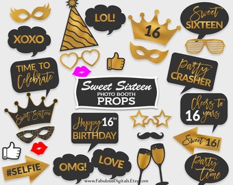16th Birthday Photo Booth Props / Sweet Sixteen Party Props / Black & Gold Foil / Printable PDF, Instant Download - #GFC
