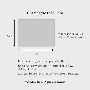 Op de afbeelding: Een rechthoekige maatgids voor champagne-etiketten. Het etiket is 10,16 cm breed en 8,46 cm hoog. De tekst bevat "Champagne Label Size" en details over het gebruik van flessen en etiketten. De website www.FabulousDigitals.Etsy.com wordt ook weergegeven.