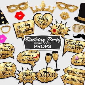 Birthday Party Photo Booth Props / Printable Party Props / Sparkle Gold Bokeh Glitter / Printable PDF, Instant Download