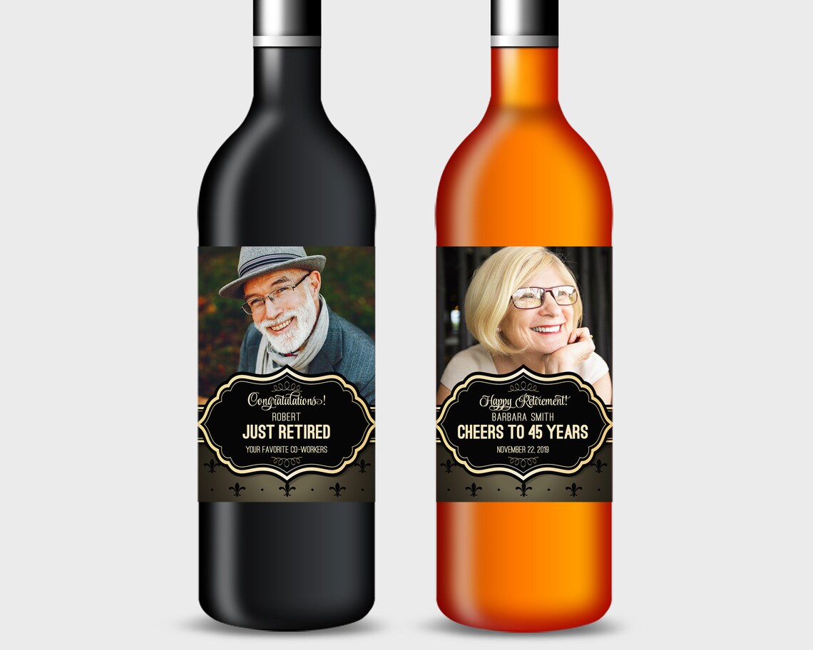 Photo Wine Bottle Labels for Retirement Customized Black & Etsy