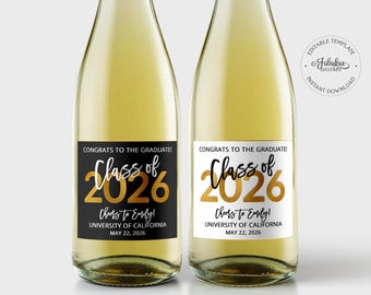 Etiketten voor afstuderen champagnefles, klasse van 2026, zwart-wit en goudfolie - bewerkbare sjabloon, direct downloaden - #GFC