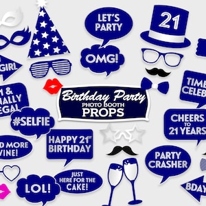 21st Birthday Photo Booth Props, Navy & Silver / Photo Booth Party Props / Printable PDF, Instant Download - #GWR