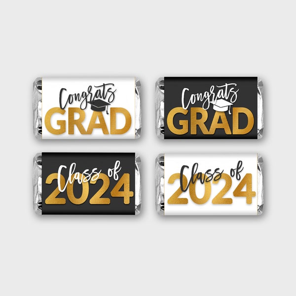 Graduation Mini Candy Label, Class of 2024 Candy Wrapper - Black-White & Gold - Printable PDF, Instant Download - #GFC