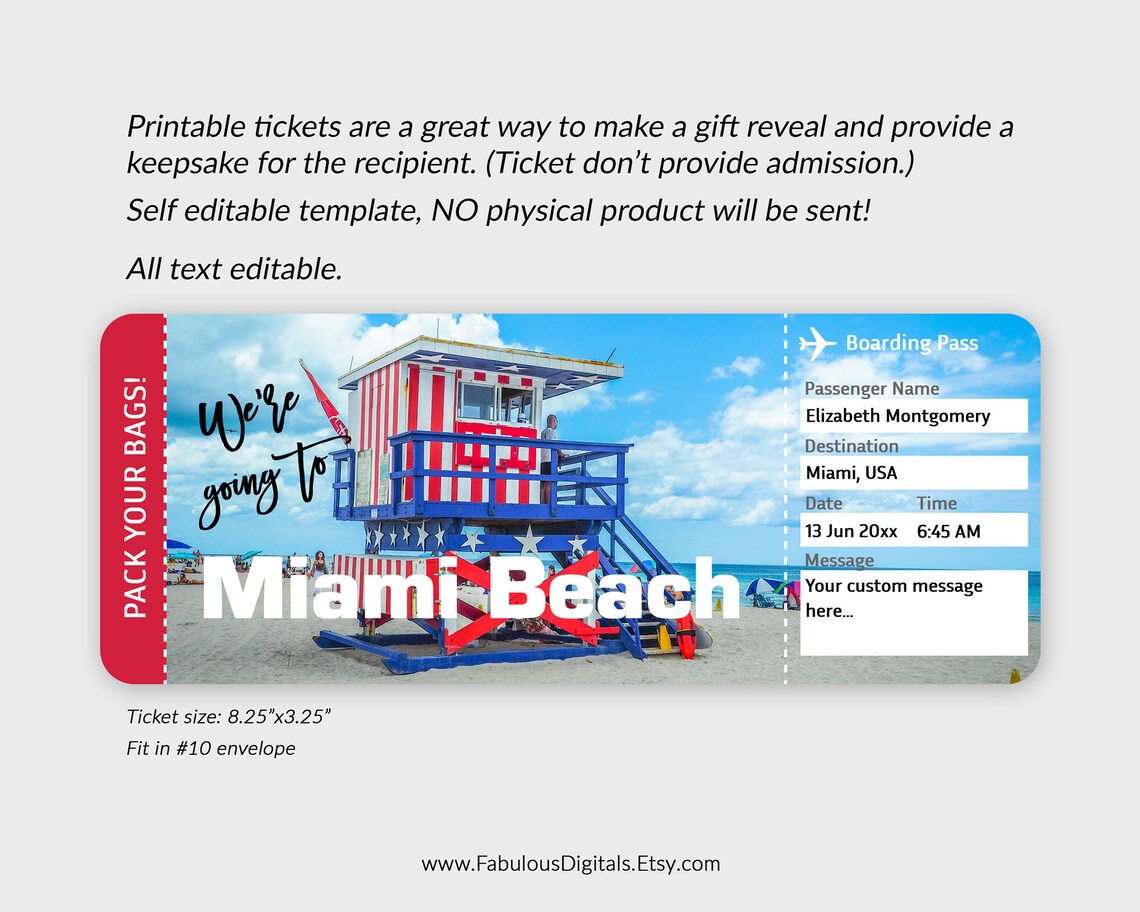 Miami Beach Travel Ticket Miami Gift Ticket Custom Airplane Etsy