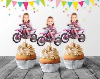 Pink Dirt Bike Custom Face Cupcake Topper, Dirt Bike Birthday Cupcake Toppers - Digital File, DIY Print