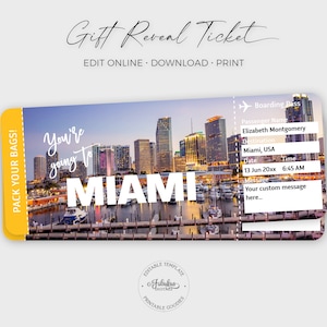 Biglietto di viaggio per il porto di Miami, biglietto regalo Miami, biglietto aereo personalizzato, carta d'imbarco Miami / stampa fai da te, modello modificabile