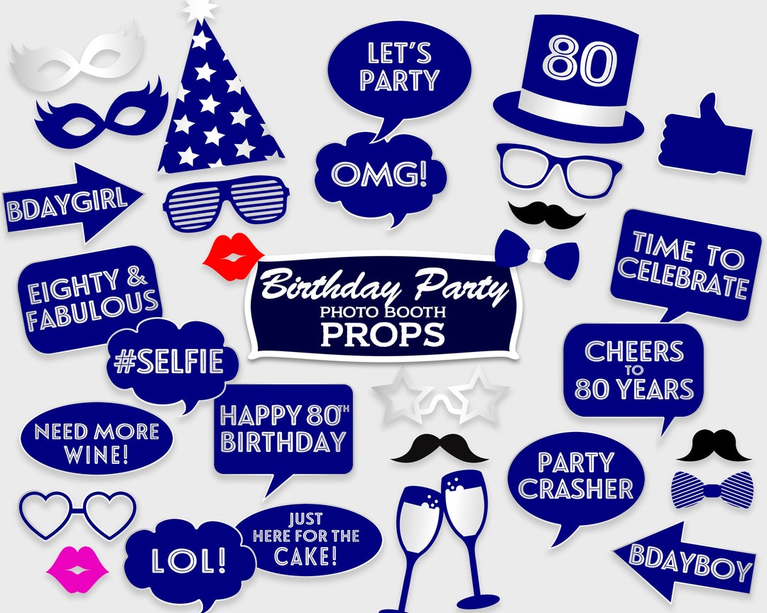 80th Birthday Photo Booth Props, Navy &amp; Silver / Photo Booth Party ...