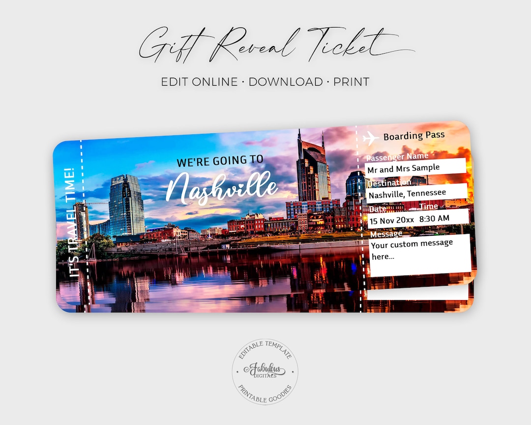 Nashville Travel Ticket, Nashville Gift Ticket, Custom Ticket