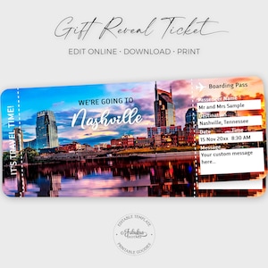 Nashville Travel Ticket, Nashville Gift Ticket, Custom Ticket, Nashville Boarding Pass / DIY Print, Editable Template
