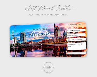 Nashville Travel Ticket, Nashville Gift Ticket, Custom Ticket, Nashville Boarding Pass / DIY Print, Editable Template
