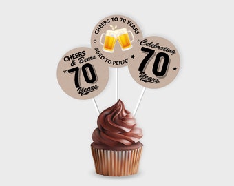 70th Birthday Cupcake Toppers / Party Circle, Cheers & Beers 70th Milestone Birthday - DIY Print, Instant Download