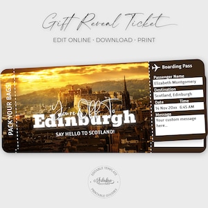 Biglietto di viaggio per Edimburgo, carta d'imbarco per Edimburgo, biglietto regalo per la città di Edimburgo / stampa fai da te, modello modificabile