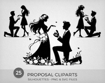 Imágenes prediseñadas de siluetas para propuestas de matrimonio, 25 archivos PNG y SVG, alta calidad, para impresión o uso digital - Descarga instantánea