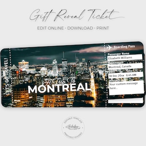 Billet de voyage Montréal, billet cadeau Montréal, paysage nocturne de Montréal, Canada Boarding Pass / impression DIY, modèle modifiable