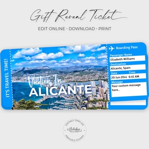 Vakantie in Alicante, reisticket Alicante, instapkaart Alicante, reisticket Spanje / DIY-afdruk, bewerkbare sjabloon
