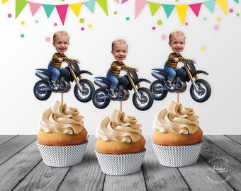 Black Dirt Bike Custom Face Cupcake Topper, Dirt Bike Birthday Cupcake Toppers - Digital File, DIY Print