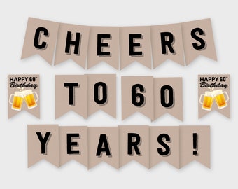 Vive les 60 ans ! Bannière de fête d'anniversaire, Cheers & Beers - Décoration de fête d'anniversaire - PDF imprimable, Téléchargement immédiat