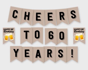 Op naar 60 jaar! Banner verjaardagsfeestje, Cheers & Beers - Decoratie verjaardagsfeestje - afdrukbare pdf, direct downloaden