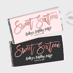 Sweet Sixteen Candy Wrapper, Sweet 16 Chocolate Label - Black-Pink & Rose Foil - DIY Print, Editable Template - #RFC