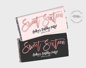 Sweet Sixteen Candy Wrapper, Sweet 16 Chocolate Label - Black-Pink & Rose Foil - DIY Print, Editable Template - #RFC