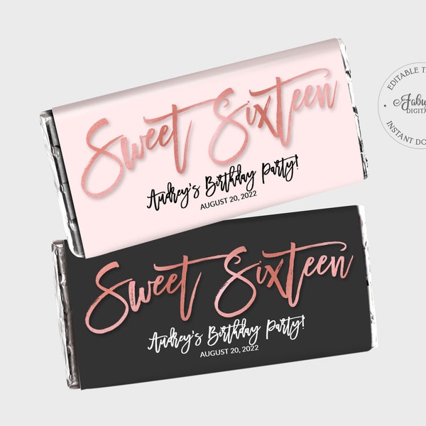 Sweet Sixteen Candy Wrapper, Sweet 16 Chocolate Label - Black-Pink & Rose Foil - DIY Print, Editable Template - #RFC