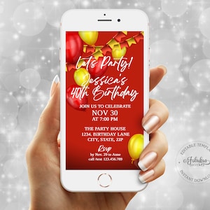 Girl Birthday Invitation, Red-Yellow Balloons, Electronic Evite, Editable Template, Phone Invitation, Instant Download
