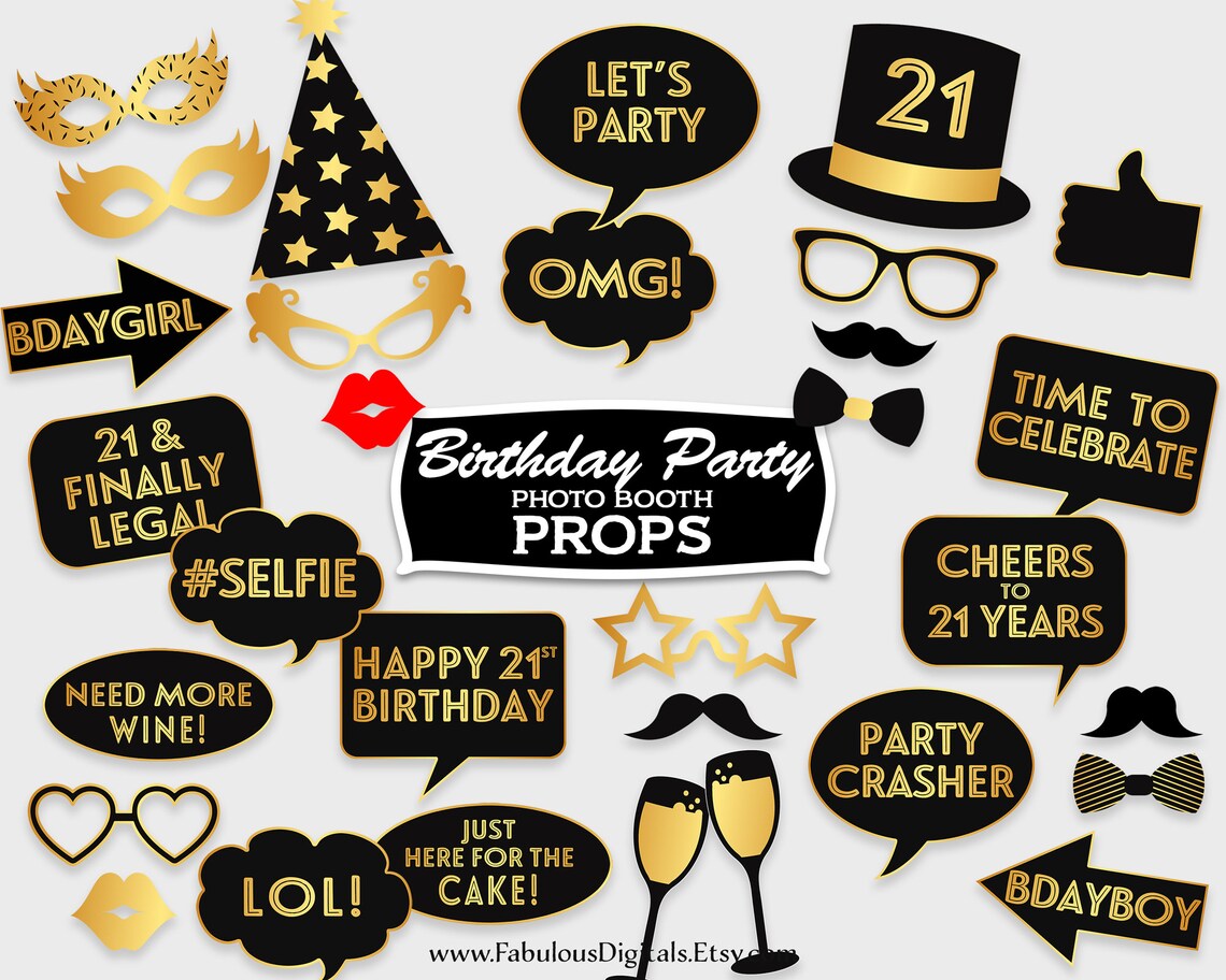21st Birthday Photo Booth Props Black & Gold / Printable | Etsy