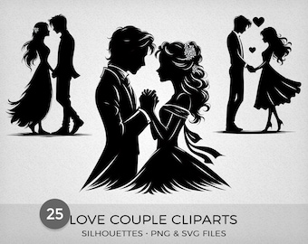 Imágenes prediseñadas de siluetas de parejas enamoradas, 25 archivos PNG y SVG, alta calidad, para impresión o uso digital - Descarga instantánea
