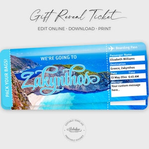 Zakynthos Travel Ticket, Zakynthos Geschenkticket, Griechenland Benutzerdefinierte Flugzeug Bordkarte / DIY Print, bearbeitbare Vorlage
