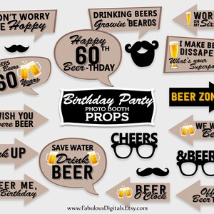 60th Birthday Photo Booth Props / Cheers & Beers Birthday Party Props / DIY Print, Printable PDF, Instant Download