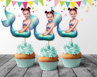 Adorno para cupcakes con cara de sirena personalizada, cola verde de sirena personalizada, decoración de cumpleaños - Archivo digital, impresión DIY