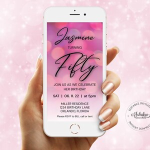 50th Birthday Invitation, Pink Bokeh Electronic Birthday Evite, Editable Template, Phone Invitation, Instant Download