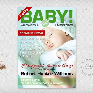 Tarjeta de portada de revista con anuncio de nacimiento de un niño, anuncio de niño verde imprimible, plantilla editable, descarga instantánea