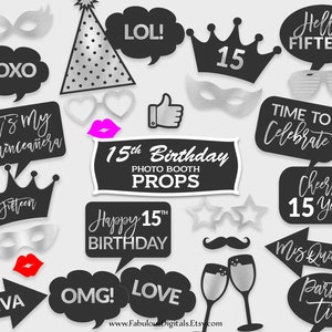 15th Birthday Photo Booth Props / Quinceañera Party Props / Black & Silver Foil / Printable PDF, Instant Download - #SFC