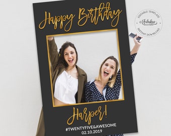 Happy Birthday Photo Booth Frame / Black & Gold Foil / Editable Template, Instant Download - #GFC