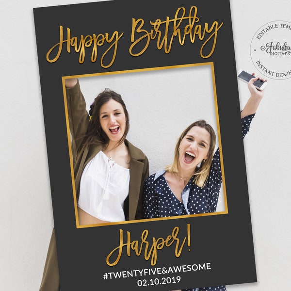 Happy Birthday Photo Booth Frame / Black & Gold Foil / Editable Template, Instant Download - #GFC