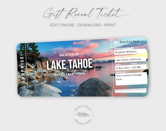 Boleto de viaje para el lago Tahoe, Boleto de regalo para el lago Tahoe, Tarjeta de embarque para el lago Tahoe, Boleto personalizado / Impresión DIY, Plantilla editable